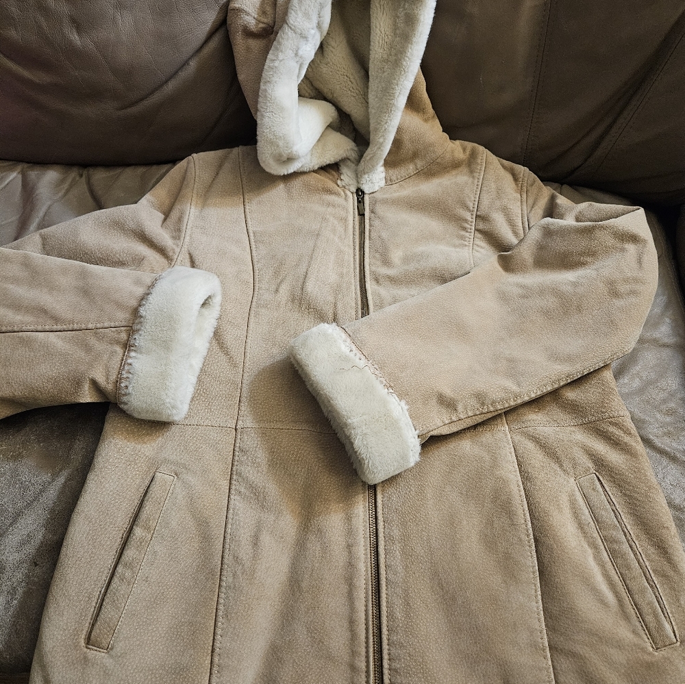 Women's tan leather hooded jacket